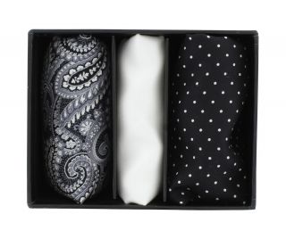 Black Paisley, White Plain, Black Pin Dot with Border Pocket Square Gift Set