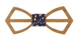 Blue Floral Wooden Bow Tie & Pocket Square Set