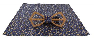 Blue Floral Wooden Bow Tie & Pocket Square Set