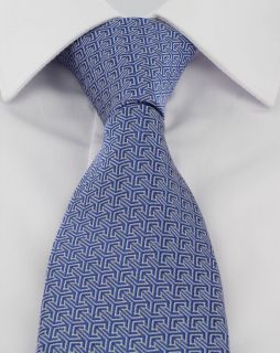Blue Interlocking Geometric Polyester Tie & Pocket Square Set