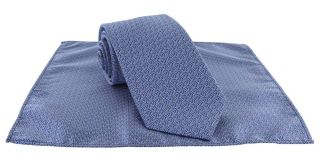 Blue Interlocking Geometric Polyester Tie & Pocket Square Set