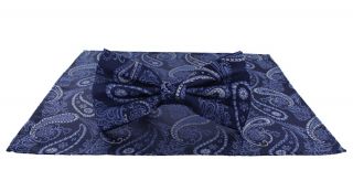 Blue Delicate Paisley Silk Bow & Pocket Square Set