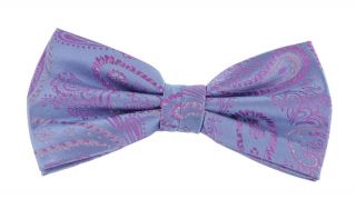 Light Blue with Pink Delicate Paisley Silk Bow & Pocket Square Set