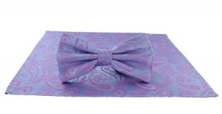Light Blue with Pink Delicate Paisley Silk Bow & Pocket Square Set