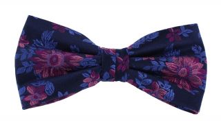 Navy with Magenta Bloom Floral Silk Bow Tie & Pocket Square Set