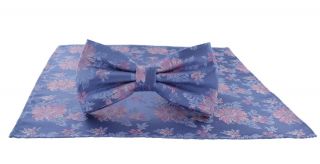 Light Blue with Pink Bloom Floral Silk Bow Tie & Pocket Square Set
