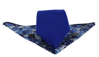 Royal Blue Silk Tie, Tropical Floral Pocket Square & Cufflink Gift Set