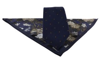 Navy / Brown texture spot silk tie / Navy & Brown Floral Pocket Square & Cufflink Gift Set