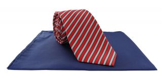 Red Satin Stripe Silk Tie & Navy Pocket Square Set
