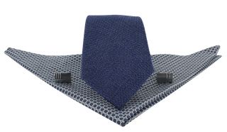 Blue Grain Semi Plain Silk Tie, Blue Small Flower Pocket Square & Cufflink Gift Set