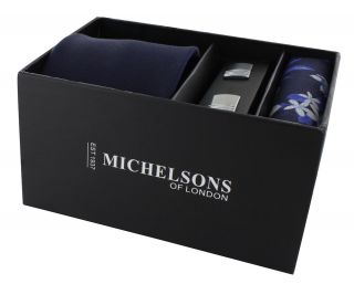 Navy Plain Twill Silk Tie, Navy & Blue Floral Pocket Square & Cufflink Gift Set