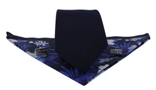 Navy Plain Twill Silk Tie, Navy & Blue Floral Pocket Square & Cufflink Gift Set