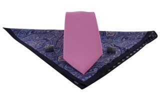 Pink Plain Twill Silk Tie / Blue & Pink Paisley Pocket Square & Cufflink Gift Set