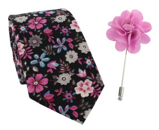 Pink Flower Cotton Tie & Lapel Pin Set