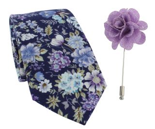 Lilac Flower Cotton Tie & Lapel Pin Set