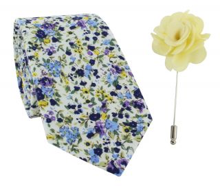 Yellow Flower Cotton Tie & Lapel Pin Set