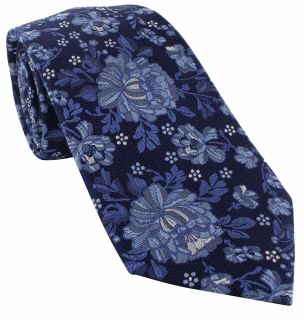 Blue Detailed Floral Silk Tie