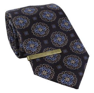 Brown & Light Blue Ornate Medallion Silk Tie & Tie Clip Set