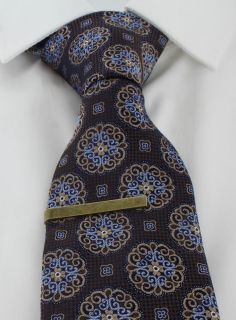 Brown & Light Blue Ornate Medallion Silk Tie & Tie Clip Set