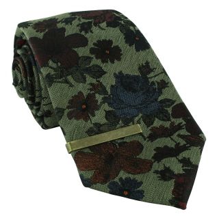 Green Heritage Floral Silk Tie & Tie Clip Set