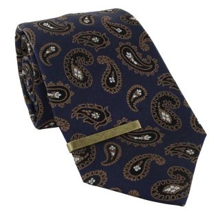 Navy & Brown Archive Paisley Silk Tie & Tie Clip Set