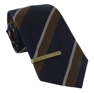 Navy & Brown Club Stripe Silk Tie & Tie Clip Set