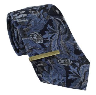 Blue Tapestry Floral Silk Tie & Tie Clip Set