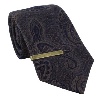 Brown & Navy Tonal Paisley Silk Tie & Tie Clip Set