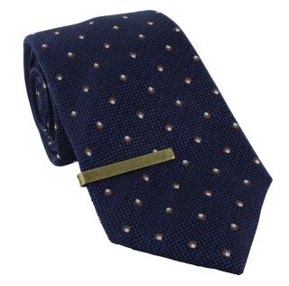 Navy & Brown Textured Pip Silk Tie & Tie Clip Set