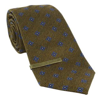 Gold & Blue Herringbone Neat Silk Tie & Tie Clip Set