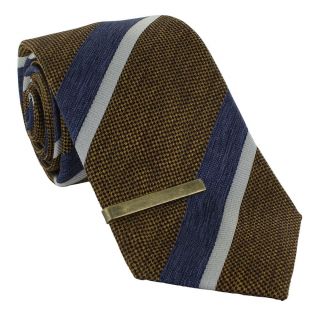 Gold & Blue Block Stripe Silk Tie & Tie Clip Set