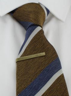 Gold & Blue Block Stripe Silk Tie & Tie Clip Set