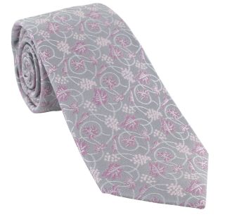 Silver & Pink Trailing Vine Floral Silk Tie