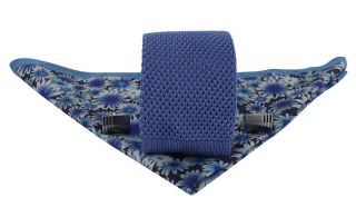 Light Blue Skinny Silk Knitted Tie, Blue Summer Flower Pocket Square & Cufflink Gift Set