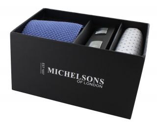 Light Blue Skinny Silk Knitted Tie, Blue Small Spot Pocket Square & Cufflink Gift Set