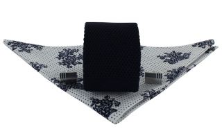 Navy Skinny Silk Knitted Tie, White Floral Spot Pocket Square & Cufflink Gift Set