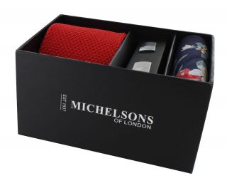 Red Skinny Silk Knitted Tie, Navy & Red Floral / Spot Pocket Square & Cufflink Gift Set