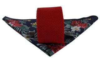 Red Skinny Silk Knitted Tie, Navy & Red Floral / Spot Pocket Square & Cufflink Gift Set