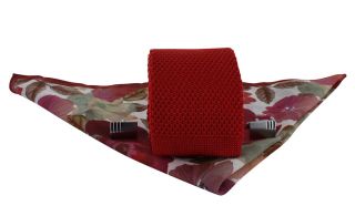 Red Skinny Silk Knitted Tie,  Red Floral Linen Pocket Square & Cufflink Gift Set