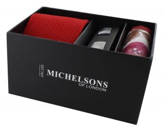 Red Skinny Silk Knitted Tie,  Red Floral Linen Pocket Square & Cufflink Gift Set