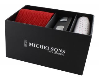 Red Skinny Silk Knitted Tie, Red Small Spot Pocket Square & Cufflink Gift Set