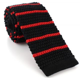 Black with Red Stripe Skinny Silk Knitted Tie