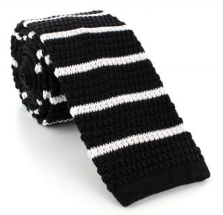 Black with White Stripe Skinny Silk Knitted Tie
