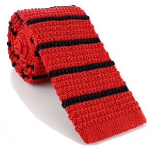Red with Black Stripe Skinny Silk Knitted Tie