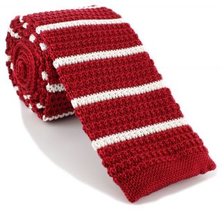 Red with White Stripe Skinny Silk Knitted Tie