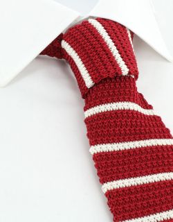 Red with White Stripe Skinny Silk Knitted Tie