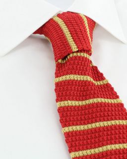 Red with Yellow Stripe Skinny Silk Knitted Tie