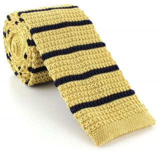 Yellow with Navy Stripe Skinny Silk Knitted Tie