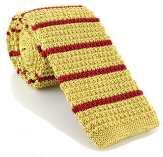 Yellow with Red Stripe Skinny Silk Knitted Tie