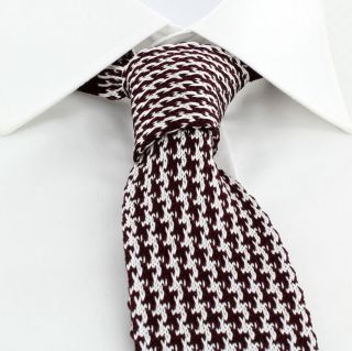 Burgundy with White Houndstooth Skinny Silk Knitted Tie